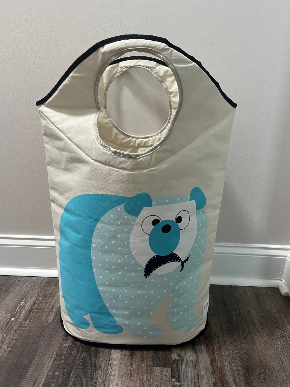 3 Sprouts Tall Canvas Laundry Bin with Round Handles - Cream & Blue